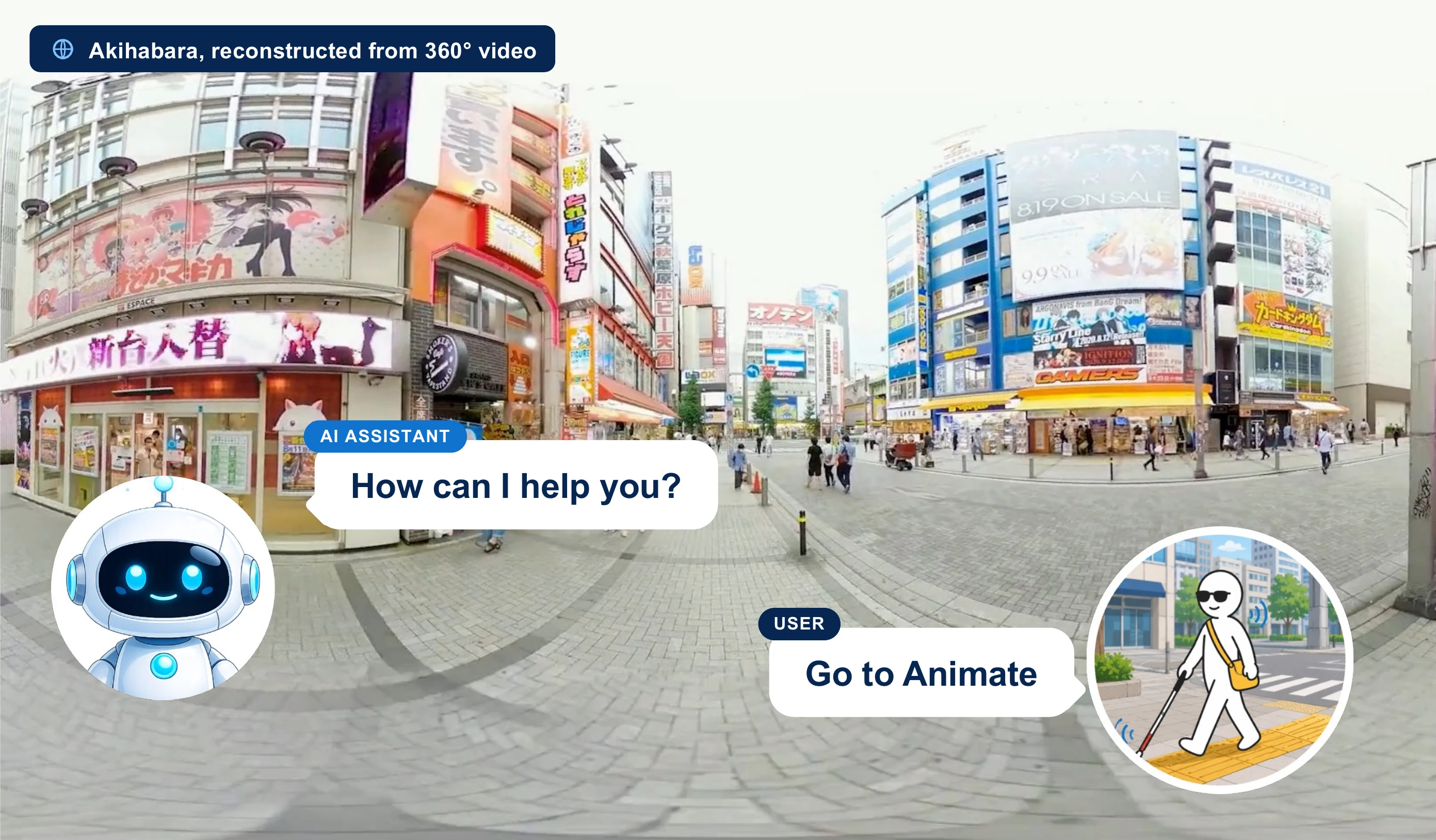 360CityArena teaser showing a panoramic Akihabara scene, an AI assistant, and a user's navigation request